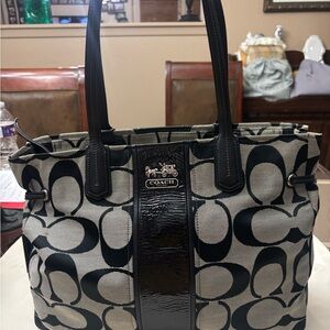 Coach Black and Cream Signature Logo Tote